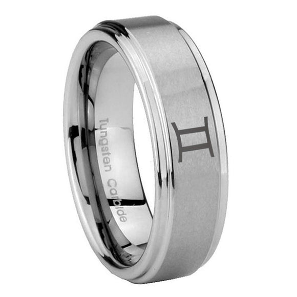 8mm Gemini Zodiac Step Edges Brushed Tungsten Carbide Men's Ring