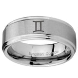 8mm Gemini Zodiac Step Edges Brushed Tungsten Carbide Men's Ring