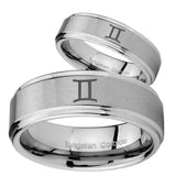 His and Hers Gemini Zodiac Step Edges Brushed Tungsten Mens Wedding Band Set