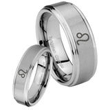 Bride and Groom Leo Zodiac Step Edges Brushed Tungsten Men's Wedding Band Set