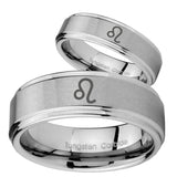 Bride and Groom Leo Zodiac Step Edges Brushed Tungsten Men's Wedding Band Set