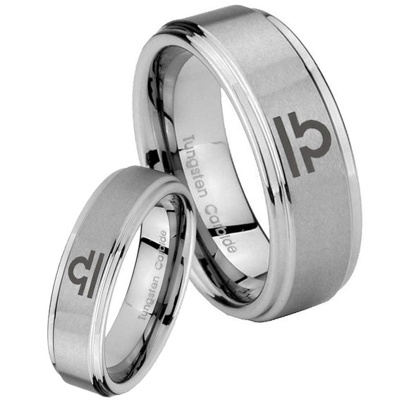 His Hers Libra Horoscope Step Edges Brushed Tungsten Mens Wedding Ring Set