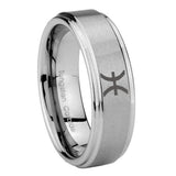 10mm Pisces Zodiac Step Edges Brushed Tungsten Carbide Engraved Ring