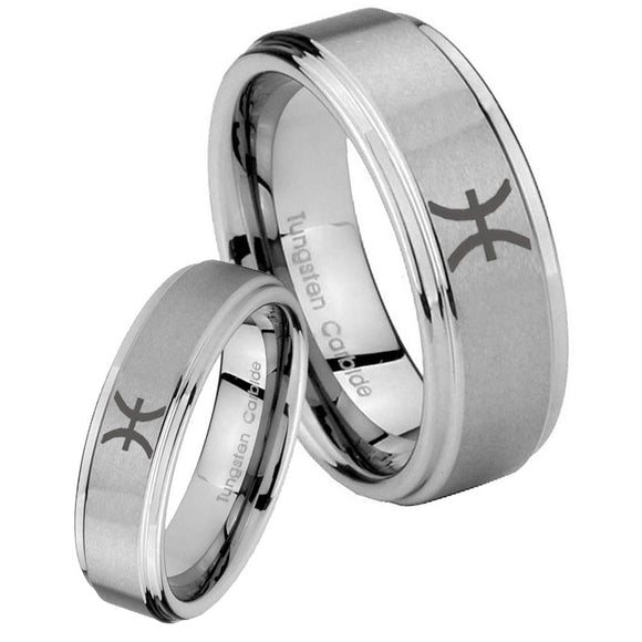 His Hers Pisces Zodiac Step Edges Brushed Tungsten Men's Wedding Ring Set