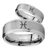 His Hers Pisces Zodiac Step Edges Brushed Tungsten Men's Wedding Ring Set