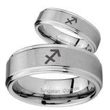 His Hers Sagittarius Zodiac Step Edges Brushed Tungsten Personalized Ring Set