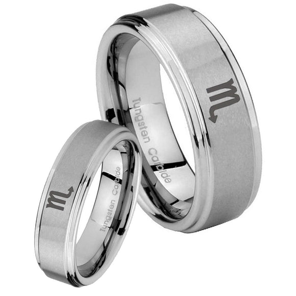 Bride and Groom Scorpio Horoscope Step Edges Brushed Tungsten Promise Ring Set