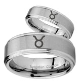 Bride and Groom Taurus Horoscope Step Edges Brushed Tungsten Rings for Men Set