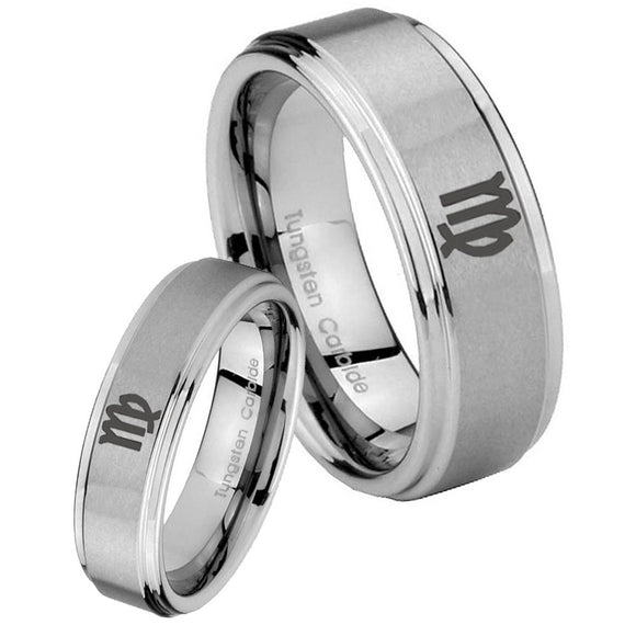 His and Hers Virgo Zodiac Step Edges Brushed Tungsten Wedding Band Mens Set