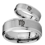 His and Hers Virgo Zodiac Step Edges Brushed Tungsten Wedding Band Mens Set