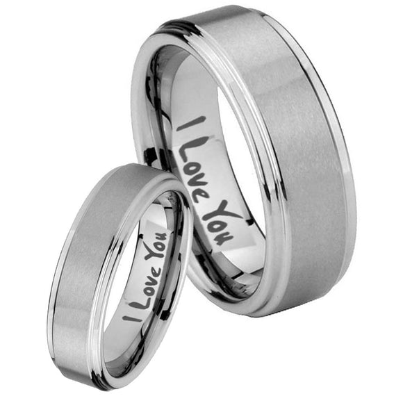 Bride and Groom I Love You Step Edges Brushed Tungsten Carbide Bands Ring Set