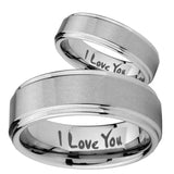 Bride and Groom I Love You Step Edges Brushed Tungsten Carbide Bands Ring Set