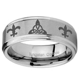 10mm Celtic Triangle Fleur De Lis Step Edges Brushed Tungsten Engagement Ring