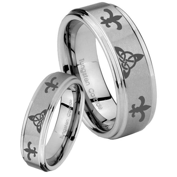 His Hers Celtic Triangle Fleur De Lis Step Edges Brushed Tungsten Custom Mens Ring Set
