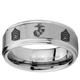 8mm Marine Army Sergeant Step Edges Brushed Tungsten Carbide Men's Band Ring