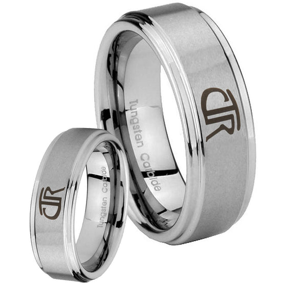 Bride and Groom CTR Step Edges Brushed Tungsten Carbide Custom Ring for Men Set