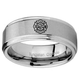 10mm Fire Department Step Edges Brushed Tungsten Carbide Mens Anniversary Ring