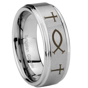 8mm Fish & Cross Step Edges Brushed Tungsten Carbide Personalized Ring
