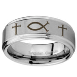 8mm Fish & Cross Step Edges Brushed Tungsten Carbide Personalized Ring