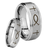 Bride and Groom Fish & Cross Step Edges Brushed Tungsten Men's Band Ring Set