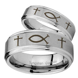 Bride and Groom Fish & Cross Step Edges Brushed Tungsten Men's Band Ring Set