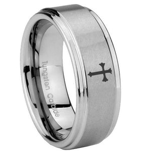 8mm Flat Christian Cross Step Edges Brushed Tungsten Carbide Promise Ring