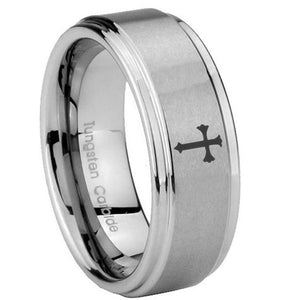 10mm Flat Christian Cross Step Edges Brushed Tungsten Mens Engagement Band