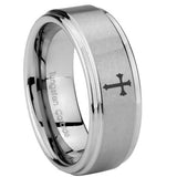 10mm Flat Christian Cross Step Edges Brushed Tungsten Mens Engagement Band