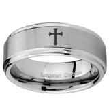 8mm Flat Christian Cross Step Edges Brushed Tungsten Carbide Promise Ring