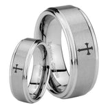 His Hers Flat Christian Cross Step Edges Brushed Tungsten Mens Bands Ring Set