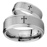 His Hers Flat Christian Cross Step Edges Brushed Tungsten Mens Bands Ring Set