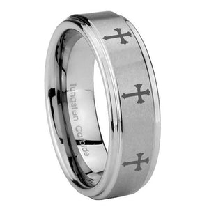 8mm Multiple Christian Cross Step Edges Brushed Tungsten Mens Wedding Ring