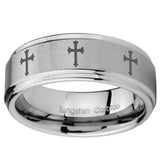 8mm Multiple Christian Cross Step Edges Brushed Tungsten Mens Wedding Ring