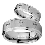 His Hers Multiple Christian Cross Step Edges Brushed Tungsten Engraved Ring Set