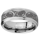 8mm Etched Tribal Pattern Step Edges Brushed Tungsten Carbide Promise Ring