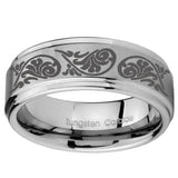 10mm Etched Tribal Pattern Step Edges Brushed Tungsten Mens Engagement Band