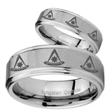 His Hers Multiple Pester Master Masonic Step Edges Brushed Tungsten Mens Ring Set