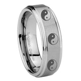 10mm Multiple Yin Yang Step Edges Brushed Tungsten Carbide Mens Ring