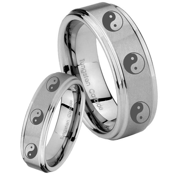 His Hers Multiple Yin Yang Step Edges Brushed Tungsten Mens Promise Ring Set