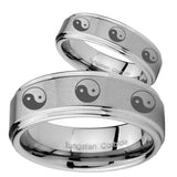 His Hers Multiple Yin Yang Step Edges Brushed Tungsten Mens Promise Ring Set