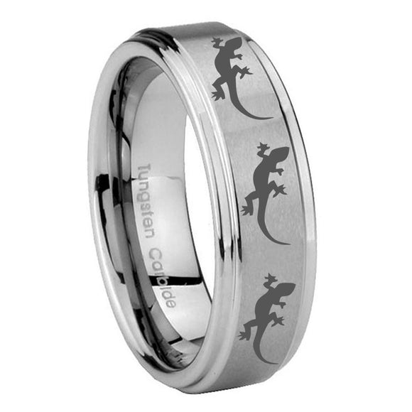 10mm Multiple Lizard Step Edges Brushed Tungsten Carbide Mens Ring Engraved