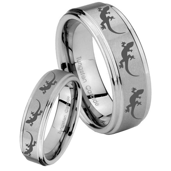 Bride and Groom Multiple Lizard Step Edges Brushed Tungsten Mens Ring Set