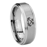 10mm Anchor Step Edges Brushed Tungsten Carbide Mens Ring Personalized