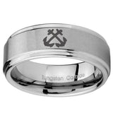 10mm Anchor Step Edges Brushed Tungsten Carbide Mens Ring Personalized