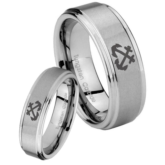 Bride and Groom Anchor Step Edges Brushed Tungsten Carbide Men's Ring Set