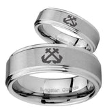 Bride and Groom Anchor Step Edges Brushed Tungsten Carbide Men's Ring Set