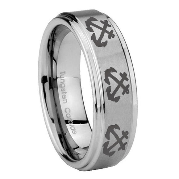 8mm Multiple Anchor Step Edges Brushed Tungsten Carbide Custom Ring for Men