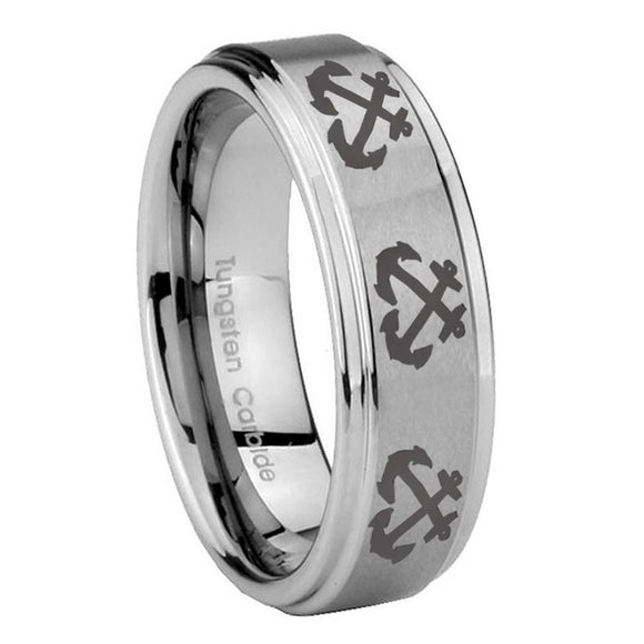 10mm Multiple Anchor Step Edges Brushed Tungsten Carbide Mens Wedding Band