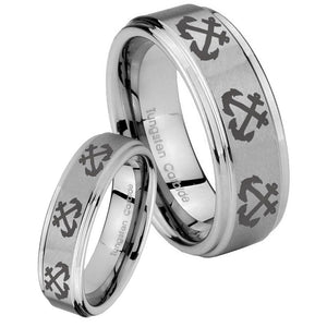 His Hers Multiple Anchor Step Edges Brushed Tungsten Mens Ring Engraved Set