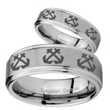 His Hers Multiple Anchor Step Edges Brushed Tungsten Mens Ring Engraved Set